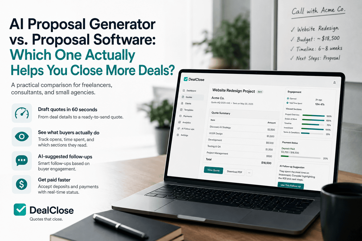 Side-by-side comparison of an AI proposal generator drafting a quote next to a blank proposal template, illustrating quote-first vs. document-first sales tools